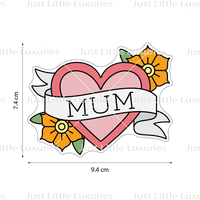 Mother's Day - Mom Banner Heart Flowers - Tattoo Style Cookie Cutter and Embosser